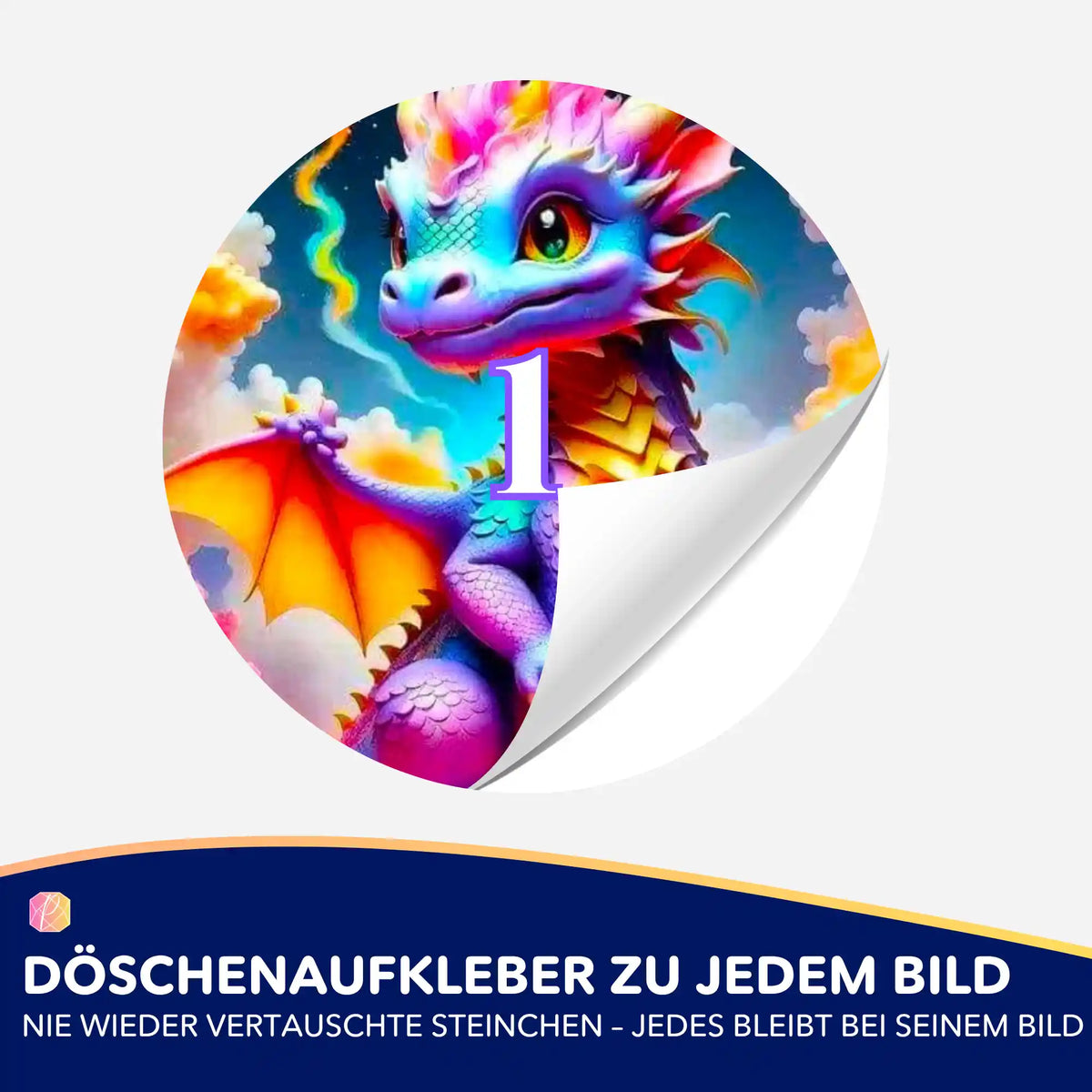 Bunter Baby Drache Döschenaufkleber zur Organisation von Diamond Painting Steinchen, perfekt für DIY-Bastelsets.