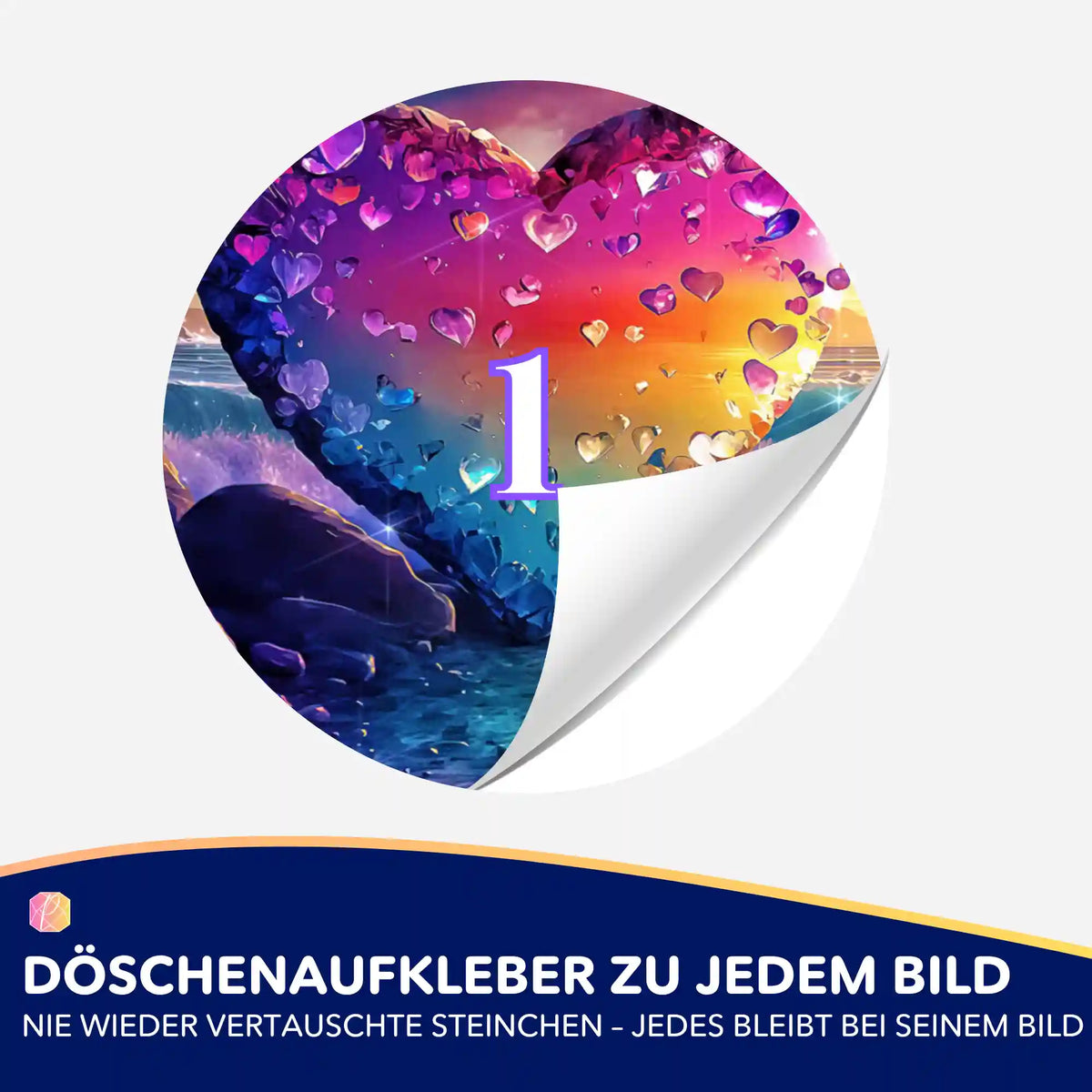 Bunter Heart of Glitter Döschenaufkleber mit Nummer 1 für Diamond Painting Zubehör zur Ordnung deiner Steinchen