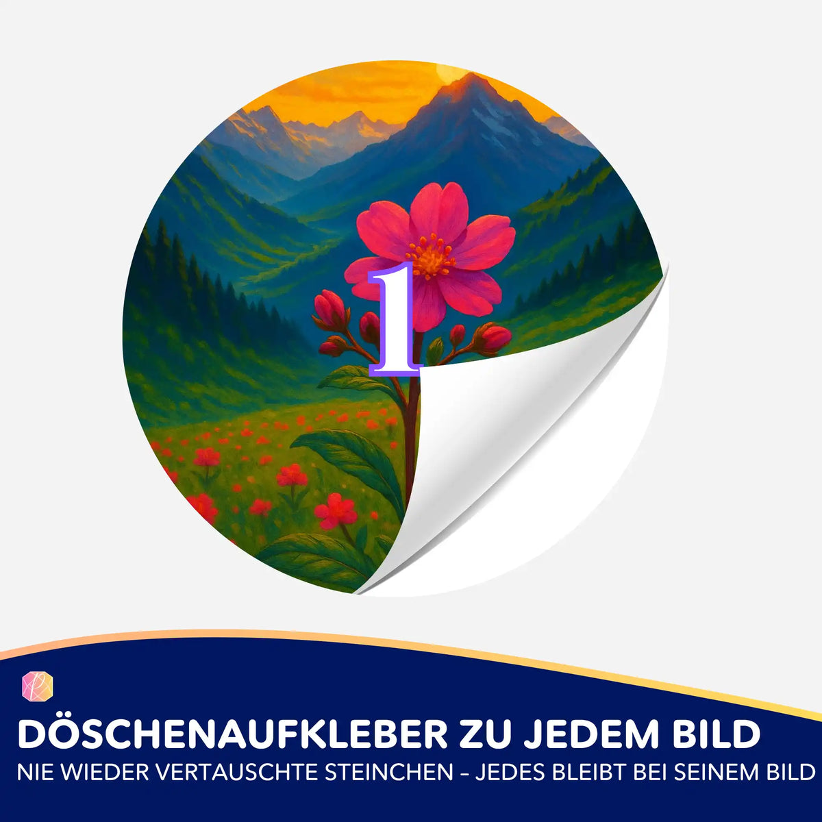 Bunter Döschenaufkleber mit Gebirgsblumen-Motiv zur Organisation von Diamanten beim Diamond Painting von Picmondoo.