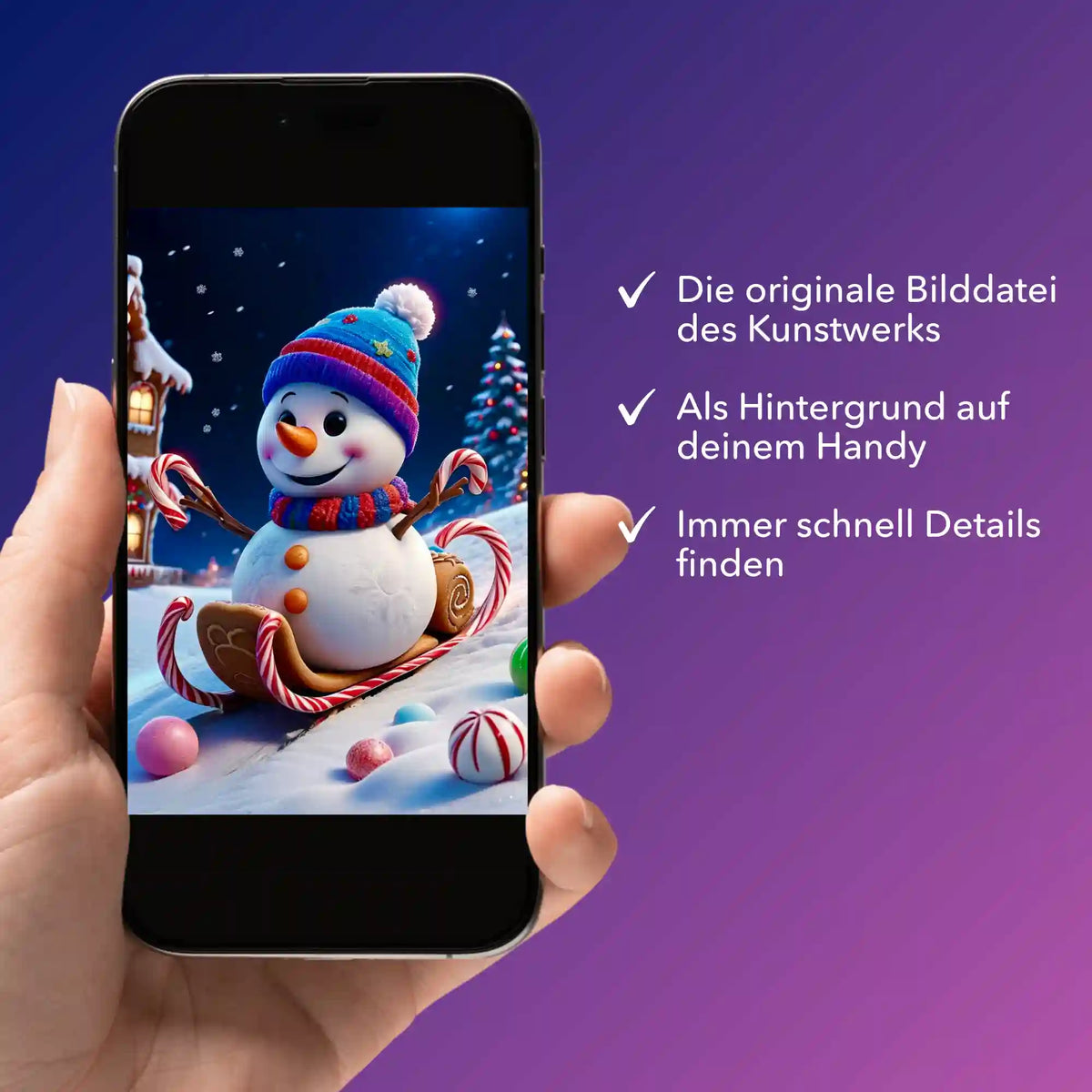 Digitale Bildmappe für Diamond Painting oder Malen nach Zahlen mit süßem Schneemann-Motiv auf dem Smartphone