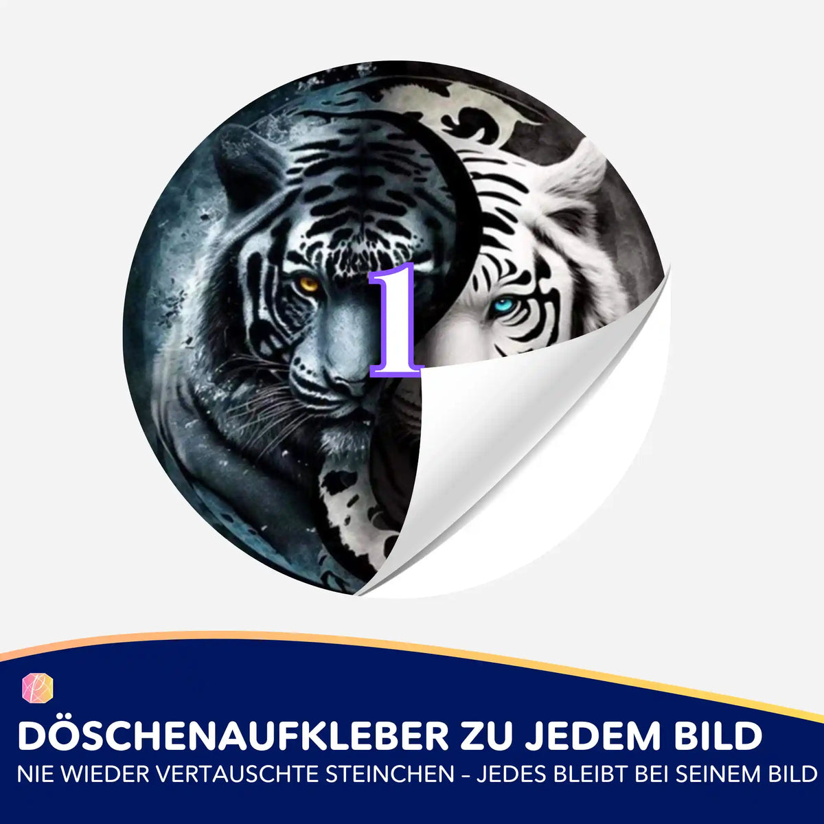 Runder Döschenaufkleber mit Ying und Yang Tiger Motiv für Diamond Painting Zubehör zur Sortierung der Diamanten.