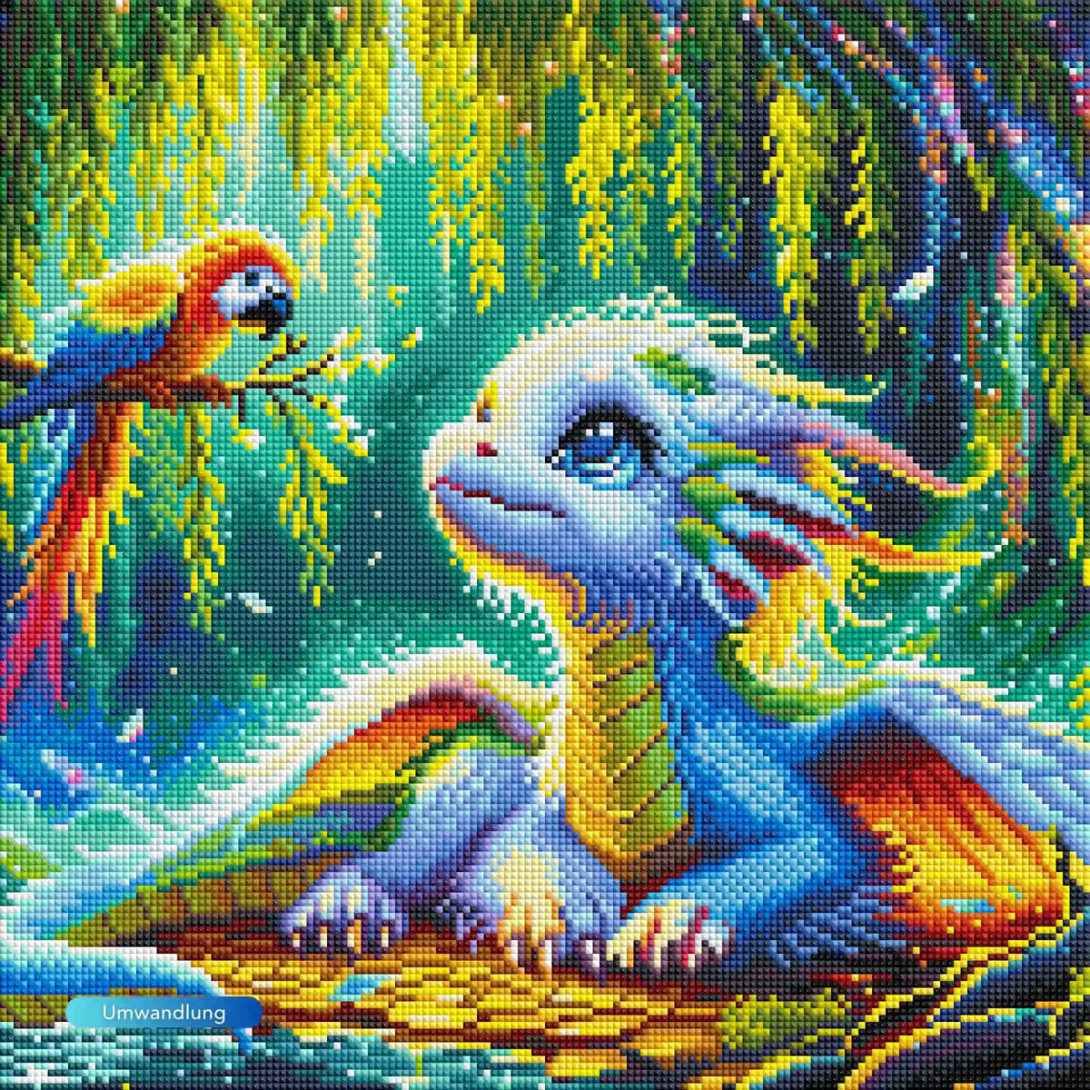 Diamond Painting Set eines niedlichen Babydrachen mit Papagei in einer bunten Märchenwelt mit Weiden am Wasser.