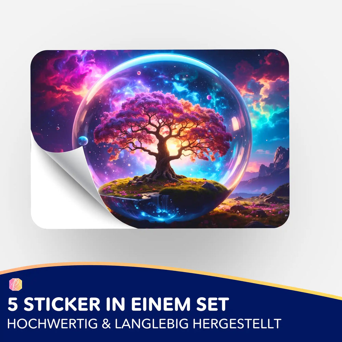 5er-Set Aufkleber Arbor Eternis für Diamond Painting mit buntem Lebensbaum in einer Glaskugel vor kosmischem Hintergrund