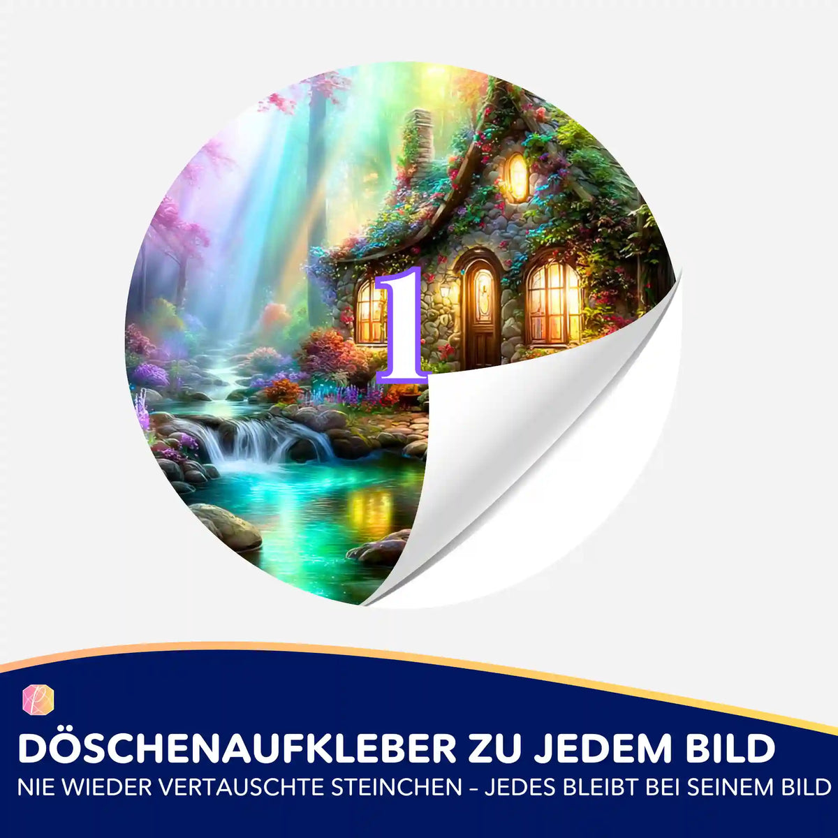 Runder Döschenaufkleber mit Fantasy-Haus Motiv für Diamond Painting Zubehör zur optimalen Steinchen-Sortierung