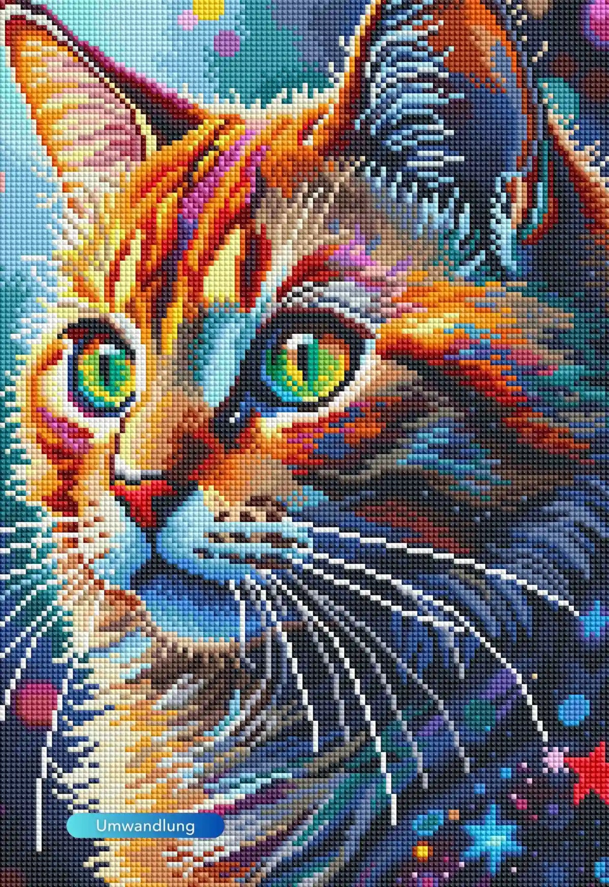 Diamond Painting Katze Sternenpfote mit buntem Fell im Galaxie-Design für kunstvolle Tierportraits