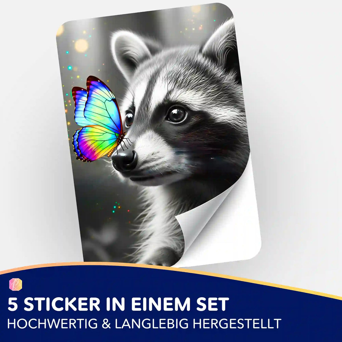 Picmondoo Sticker-Set mit Waschbär-Motiv und buntem Schmetterling, perfekt für Diamond Painting und Bastelbedarf.
