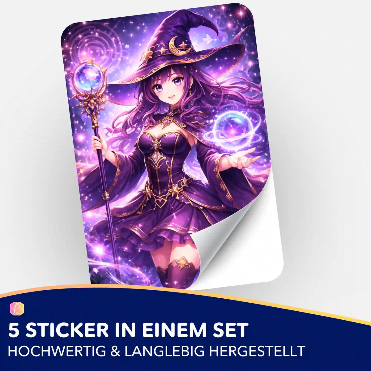 Celestara 5er-Sticker-Set für Diamond Painting und Bastelfans mit lila Hexe im Anime-Stil auf glänzendem Aufkleber