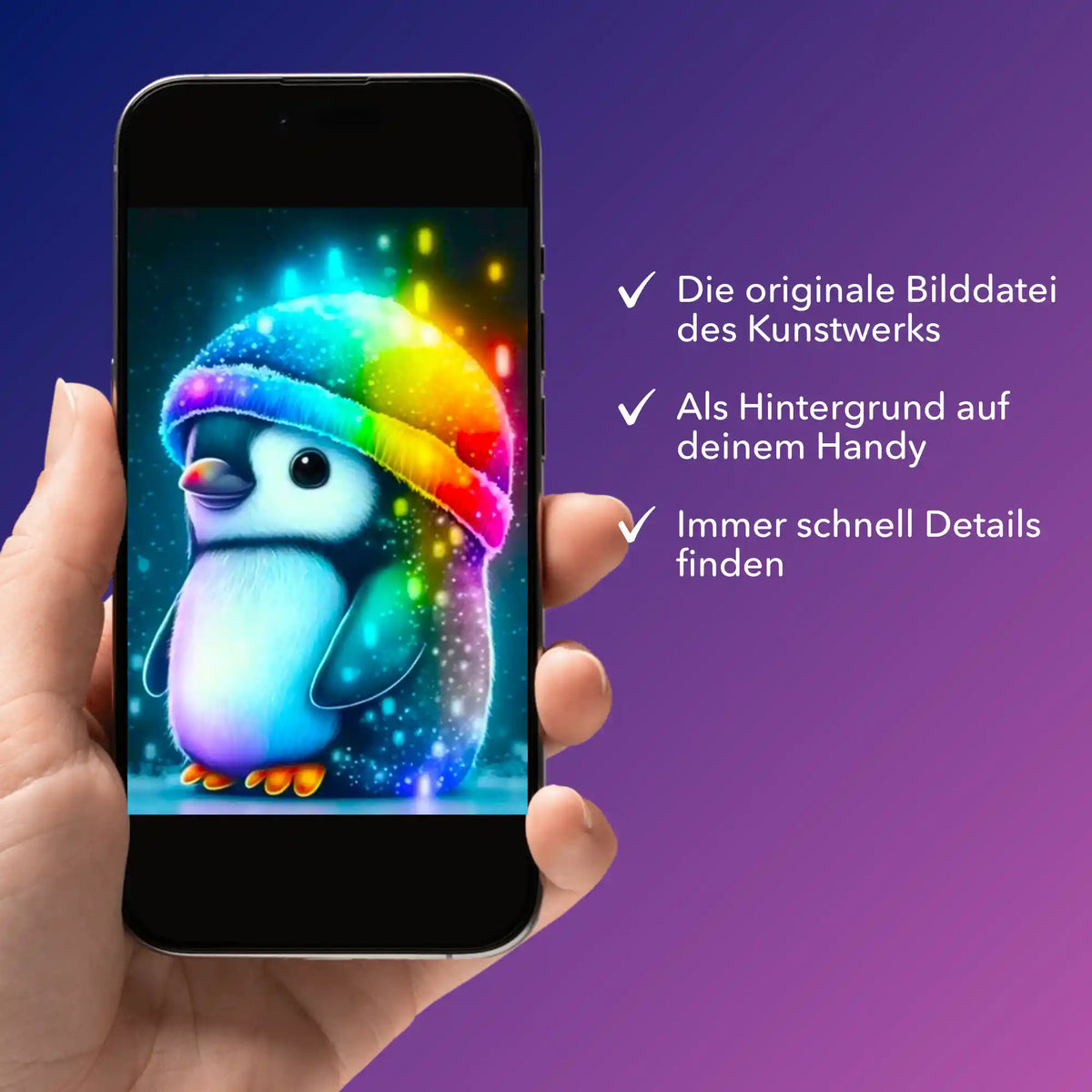Smartphone mit digitaler Bildmappe vom bunten Pinguin für dein Diamond Painting Design oder als Handy-Hintergrund
