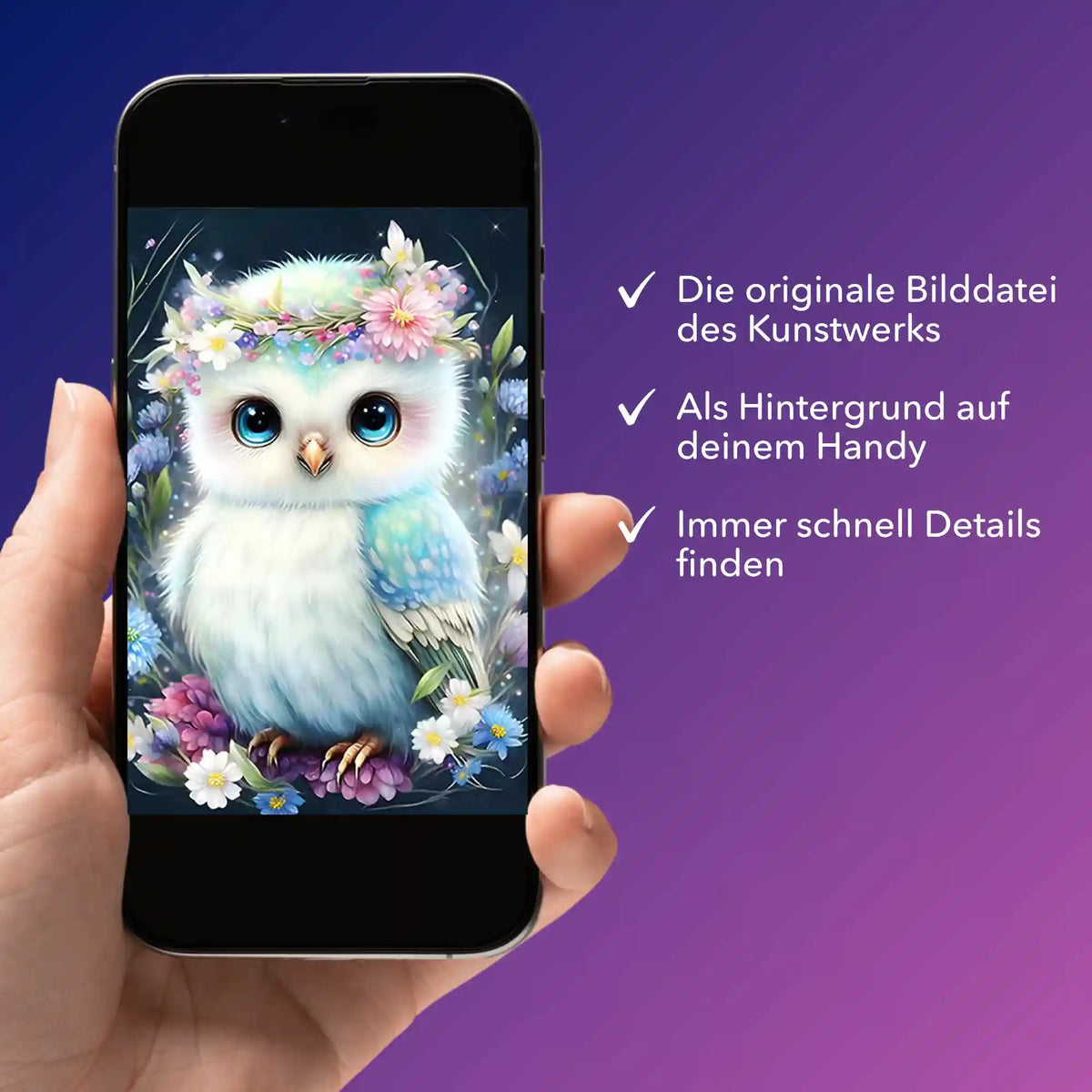 Digitale Eule im Blumenmeer Bildmappe für dein Diamond Painting oder Malen nach Zahlen Projekt auf dem Smartphone.