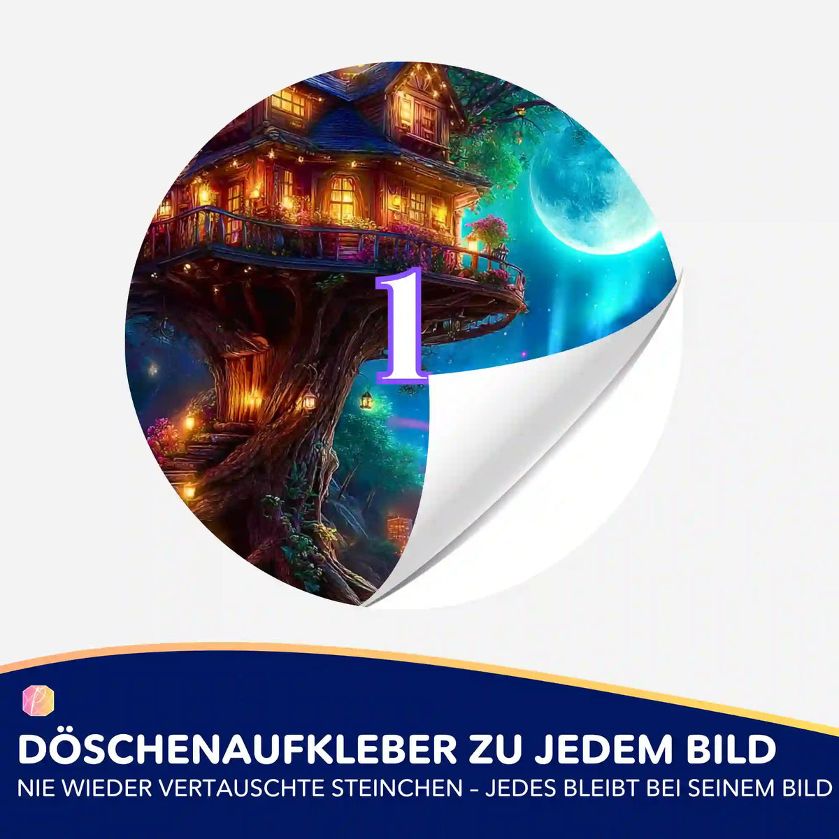 Döschenaufkleber mit Fantasy-Baumhaus-Motiv zur Organisation von Steinchen für dein Diamond Painting Set