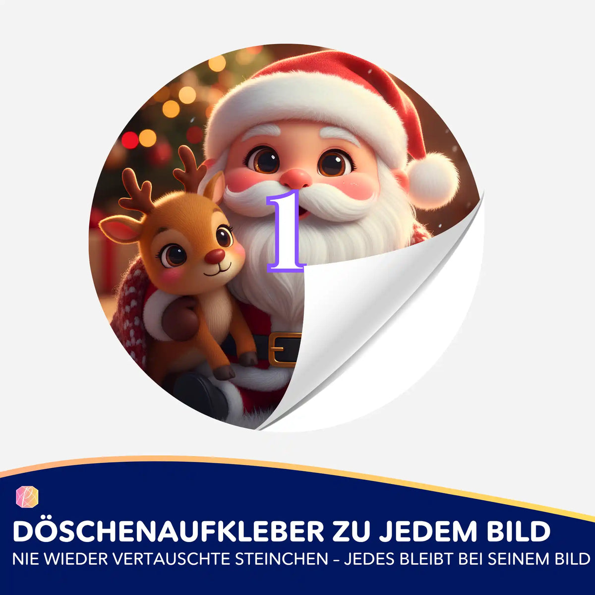 Weihnachtlicher Döschenaufkleber für Diamond Painting mit süßem Weihnachtsmann und Rentier zur Organisation der Steinchen