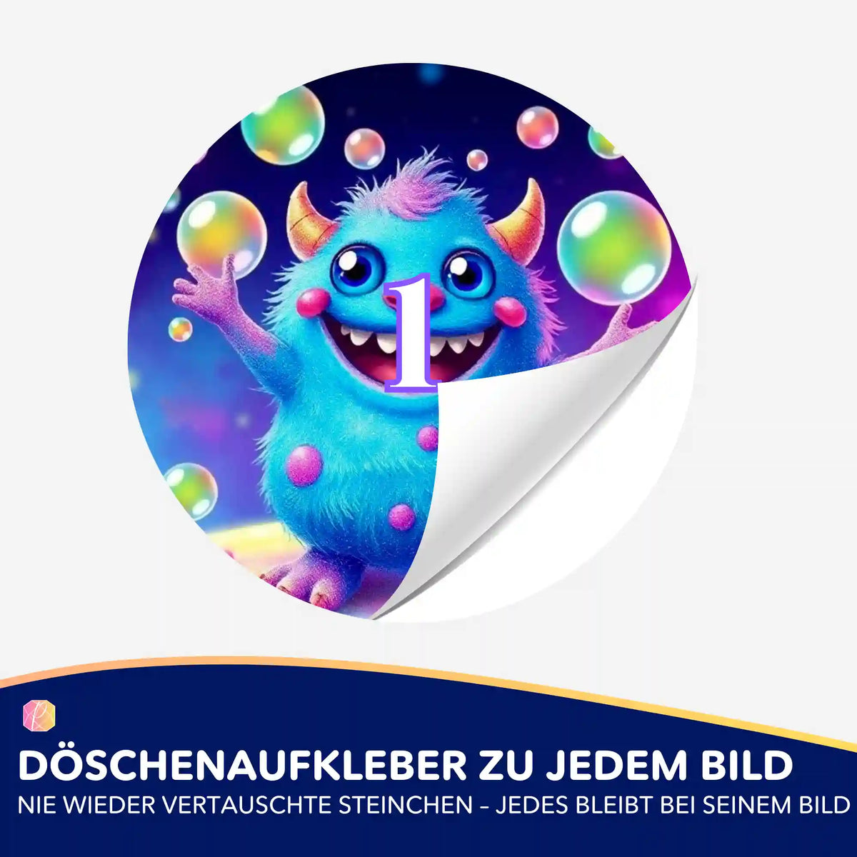 Runder Döschenaufkleber mit Happy-Monster-Motiv zur Organisation von Diamond Painting Steinchen