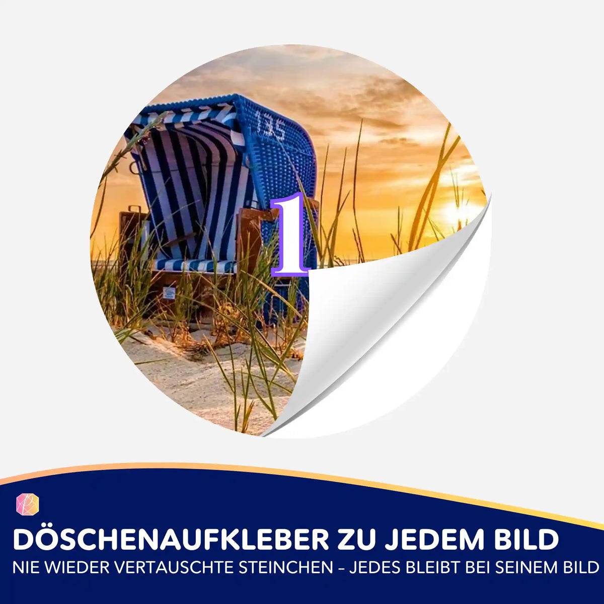 Döschenaufkleber für Diamond Painting mit Strandkorb-Motiv zur geordneten Sortierung von Diamanten Steinchen.