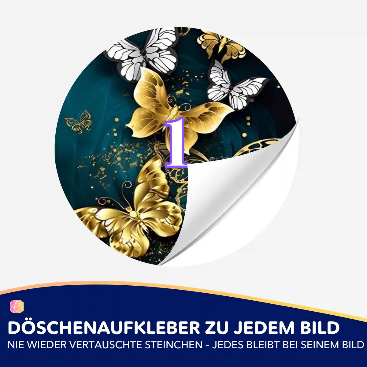 Runder Döschenaufkleber mit goldenen Schmetterlingen für Diamond Painting Zubehör zur Ordnung der Steinchen.