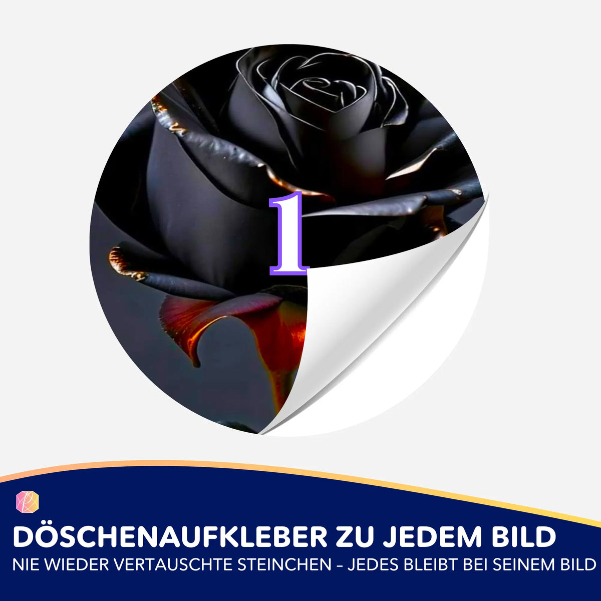 Runder Döschenaufkleber mit Black Rose Motiv für Diamond Painting zur übersichtlichen Sortierung der Diamanten.