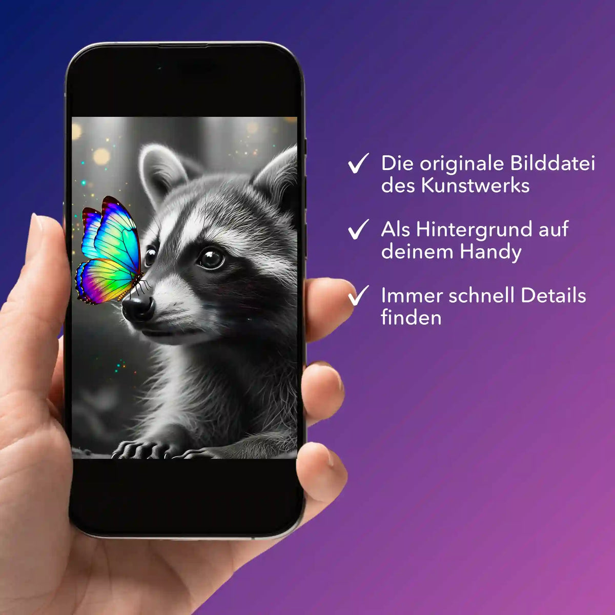 Digitale Picmondoo Bildmappe mit Waschbär-Motiv für Diamond Painting und Malen nach Zahlen auf einem Smartphone