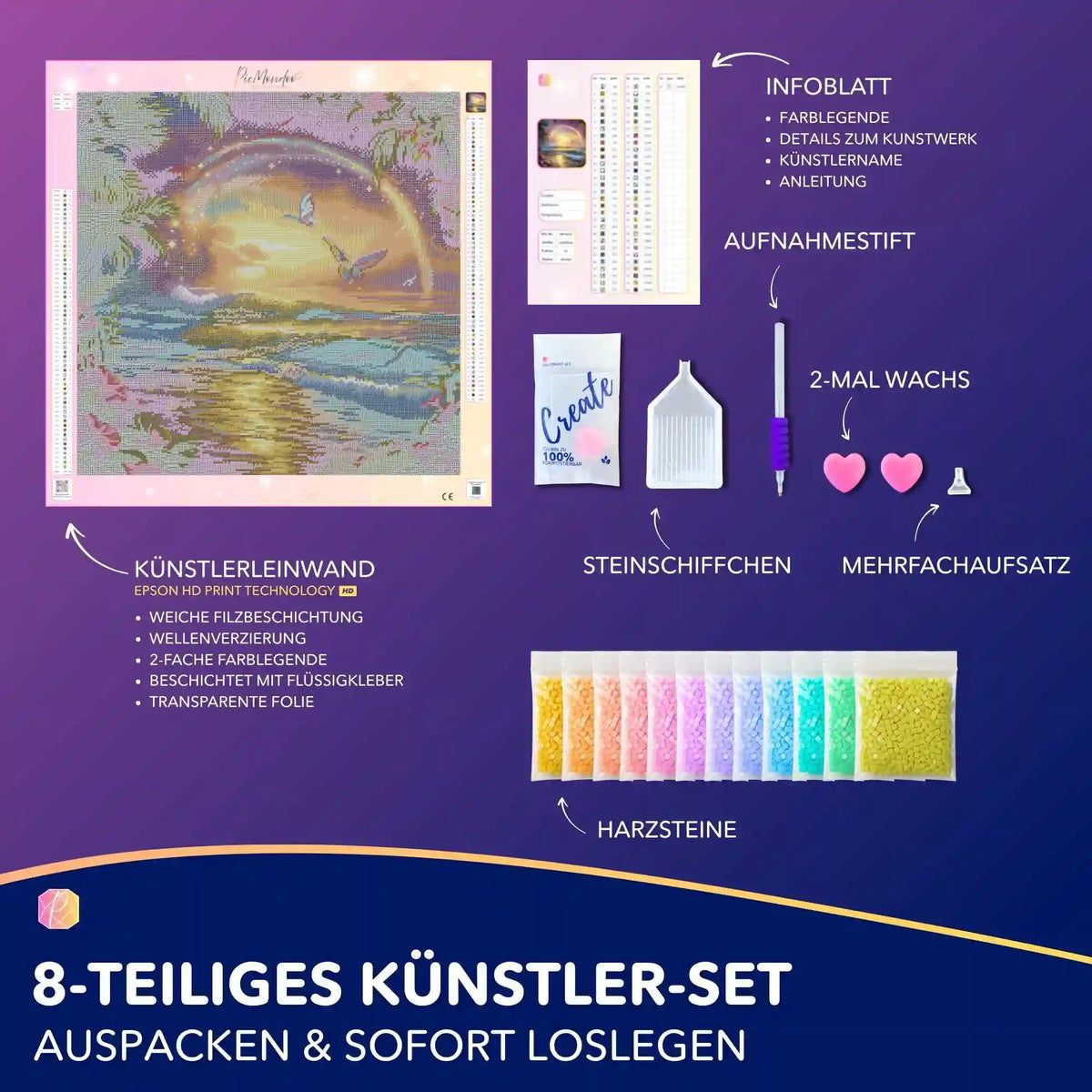 Diamond Painting Set Zwischen Himmel und Meer mit Leinwand, bunten Harzsteinen und Zubehör für entspanntes Basteln.