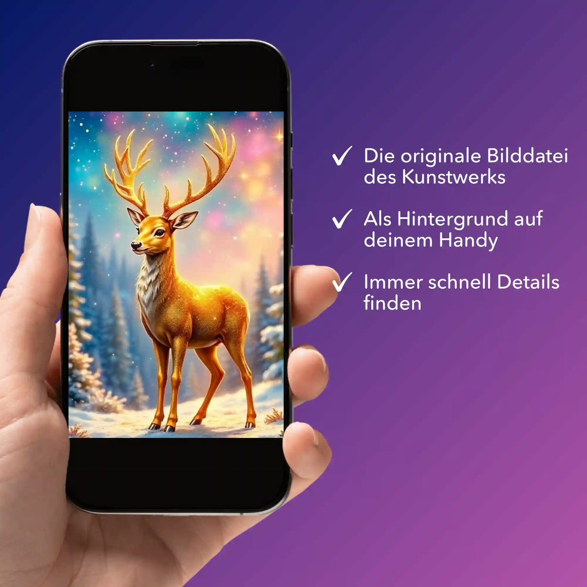 Digitale Bildmappe für Diamond Painting Motiv Goldener Hirsch auf Smartphone Anzeige mit Vorlage für Bastelprojekt