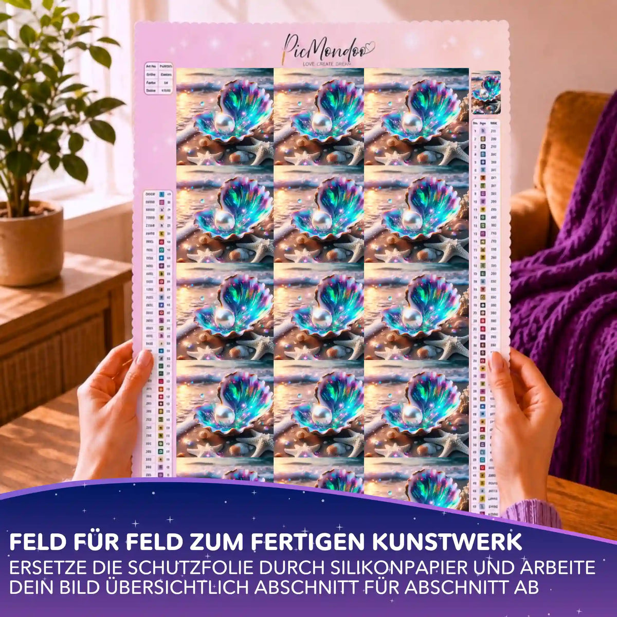 Diamond Painting Leinwand aufgeteilt mit Silikonpapier-Set im Muschel-Motiv Innerer Schatz.