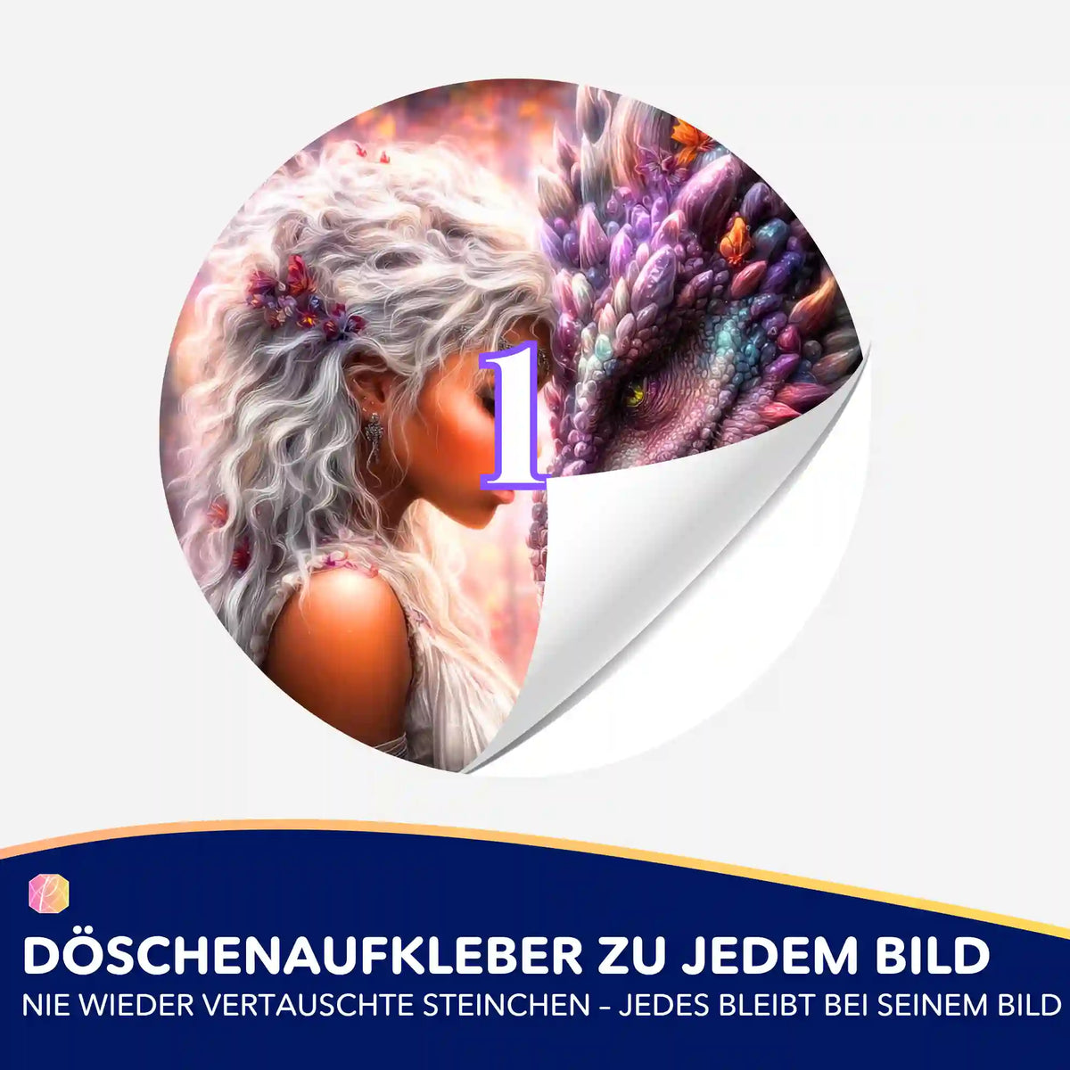 Döschenaufkleber Set Seelenbund für Diamond Painting Zubehör mit Motiv von Frau und Drachen zur Organisation der Steinchen.