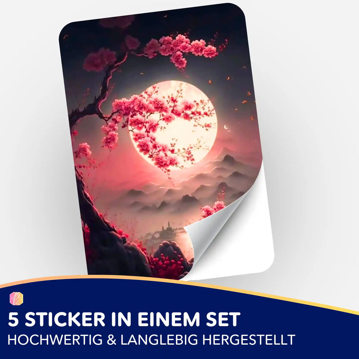 5er Aufkleber-Set mit Kirschblüten im Mondschein Motiv für Diamond Painting Zubehör und Bastelorganisation