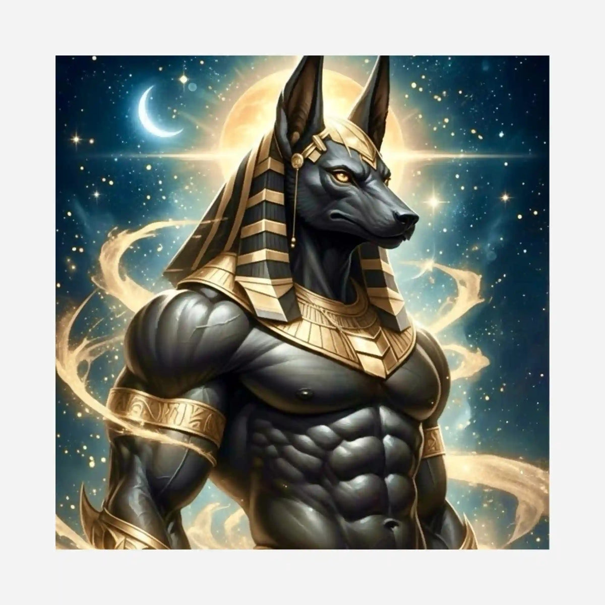 Anubis Diamond Painting Motiv: ägyptischer Gott mit goldenem Kopfschmuck vor Sternenhimmel und Mondsichel