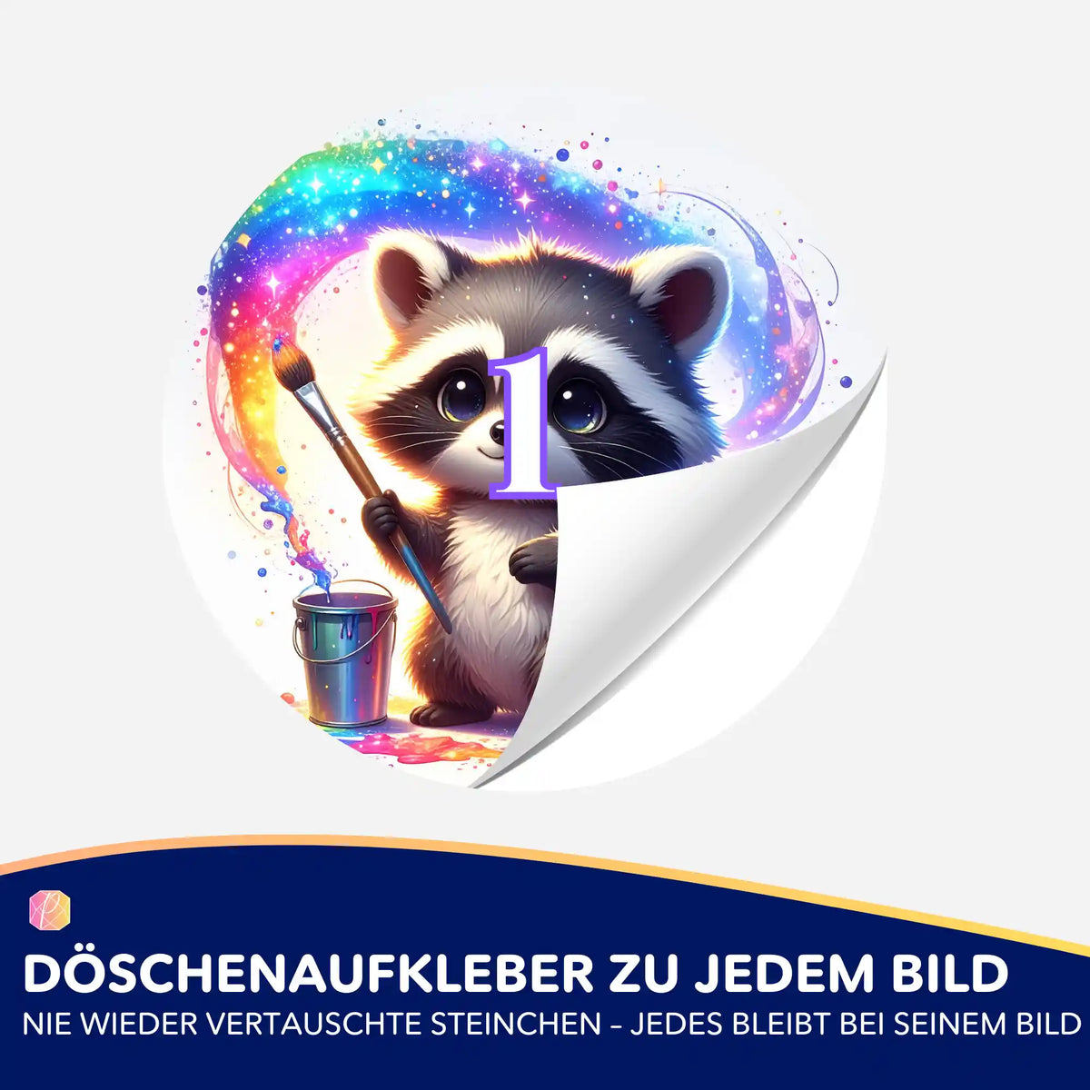 Runder Döschenaufkleber mit Waschbär-Motiv für Diamond Painting Zubehör zur geordneten Aufbewahrung der Steinchen.