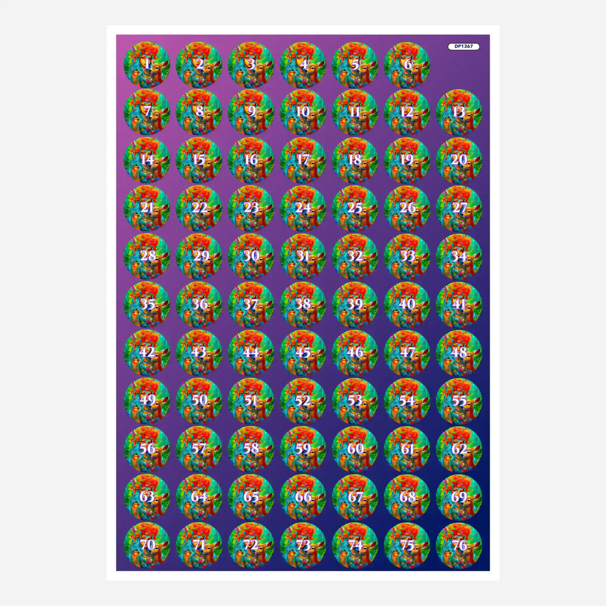 Bogen mit runden Döschenaufklebern für Diamond Painting mit buntem Waldmädchen-Motiv zum Sortieren der Steine.