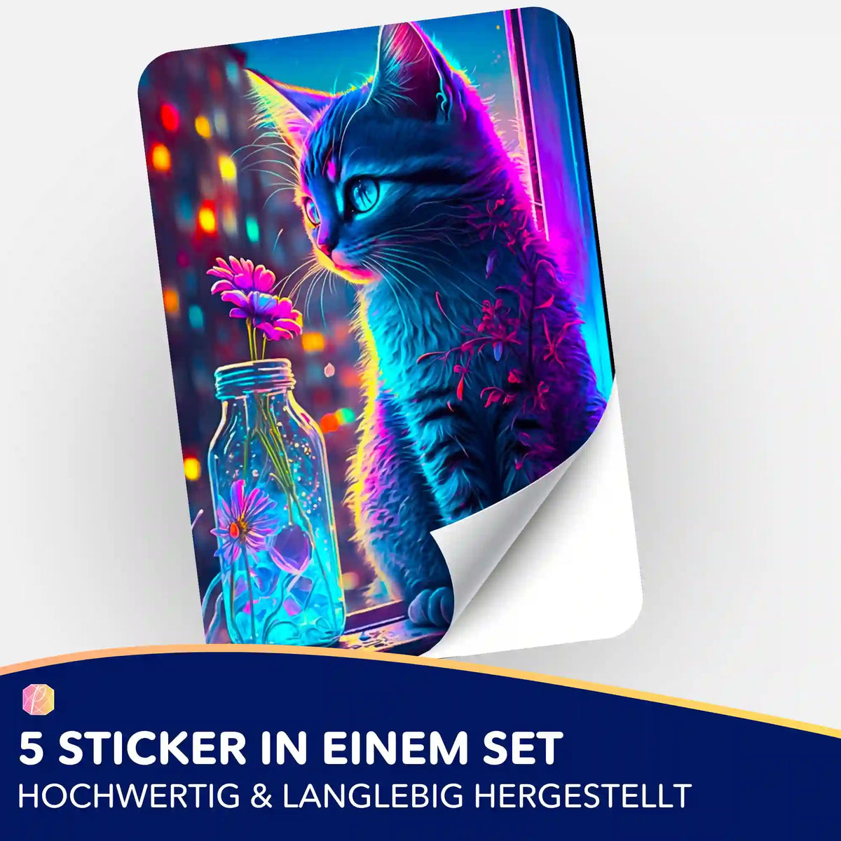 Little Cat of Flowers Aufkleber-Set für Diamond Painting und Bastelbedarf mit farbenfrohem Katzen-Motiv in Neon-Optik