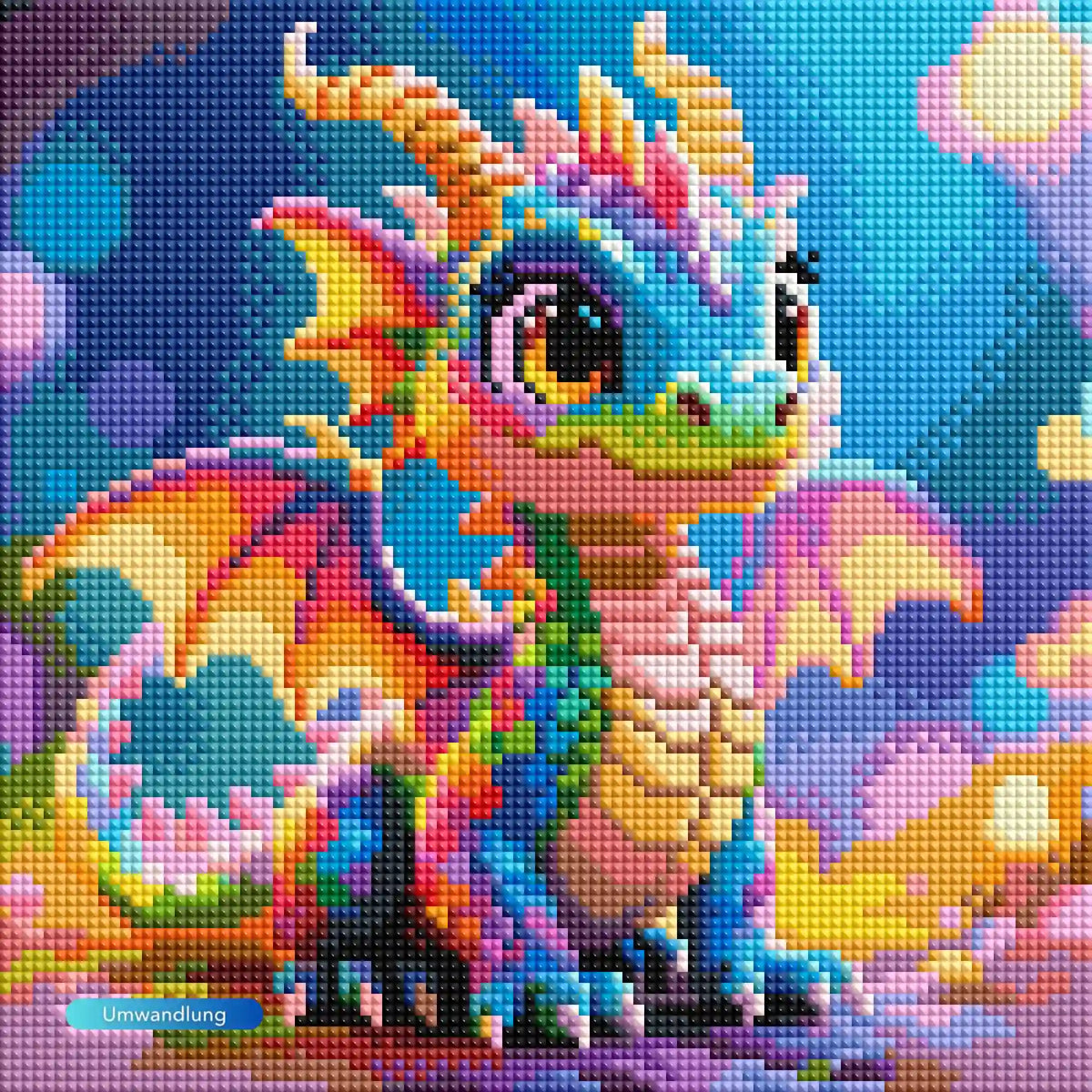 Diamond Painting Set Rinji: Bunter Babydrache mit glitzernden Schuppen in einem farbenfrohen Fantasy-Motiv.