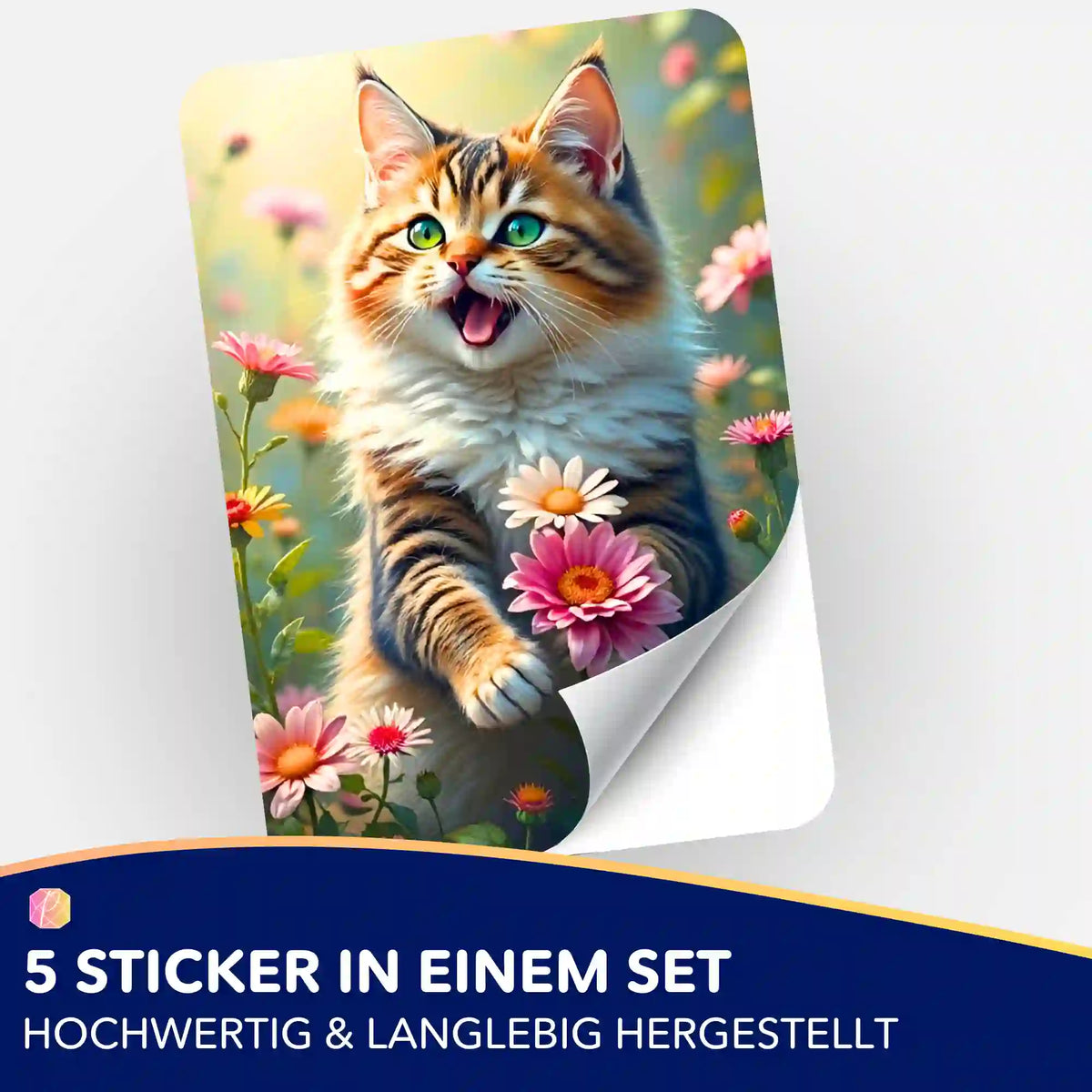 Picmondoo 5er-Set Sticker mit süßer Katze im Blumenfeld, ideal für Diamond Painting und Malen nach Zahlen Zubehör.