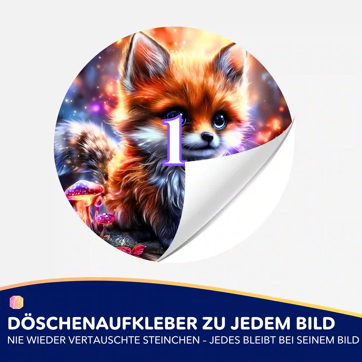 Runder Döschenaufkleber Fynni für Diamond Painting mit niedlichem Fuchs-Motiv zur besseren Sortierung der Steine.