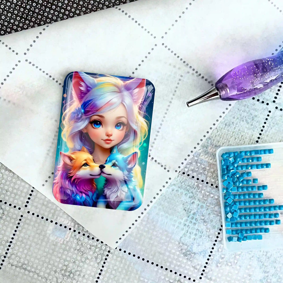 Glas Cover Minder Wolfsmädchen Finja als magnetisches Diamond Painting Zubehör auf Leinwand mit Glitzersteinchen