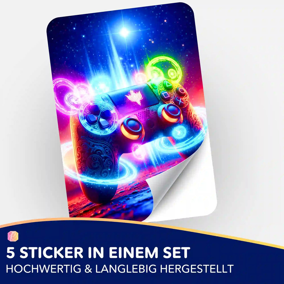 5er Aufkleber-Set Gamer Universum für Diamond Painting Fans mit leuchtendem Gaming-Controller Motiv und Weltraum-Design.