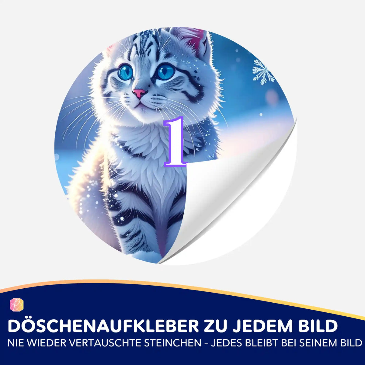 Runder Döschenaufkleber mit Schneegeist-Katzenmotiv für Diamond Painting Zubehör zur einfachen Organisationshilfe.