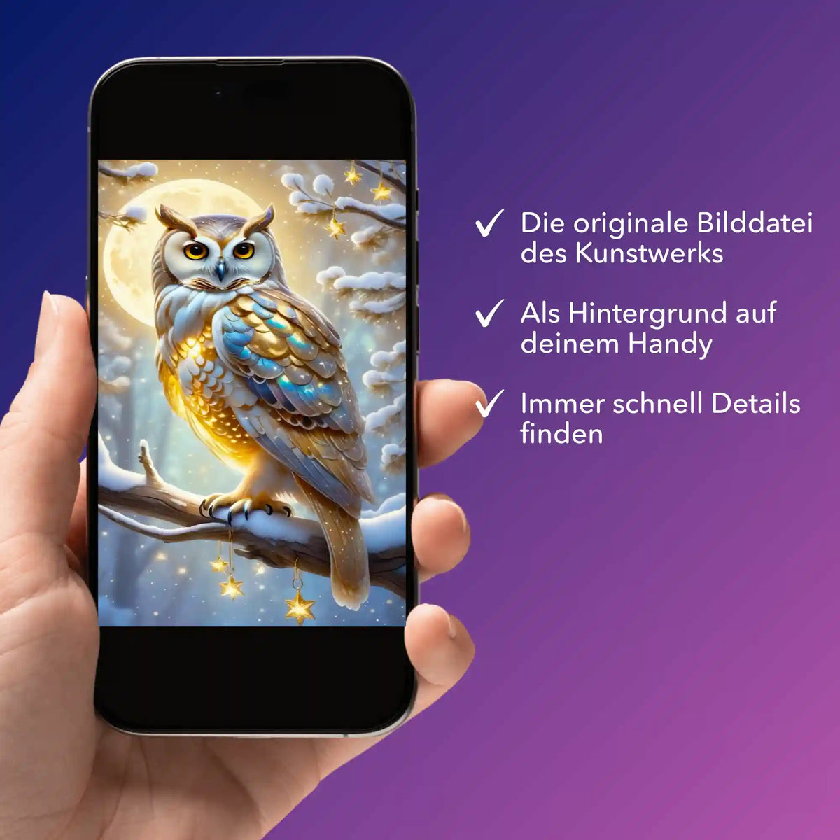 Digitale Motivvorlage der goldenen Schneeeule für dein Diamond Painting auf dem Smartphone geladen.