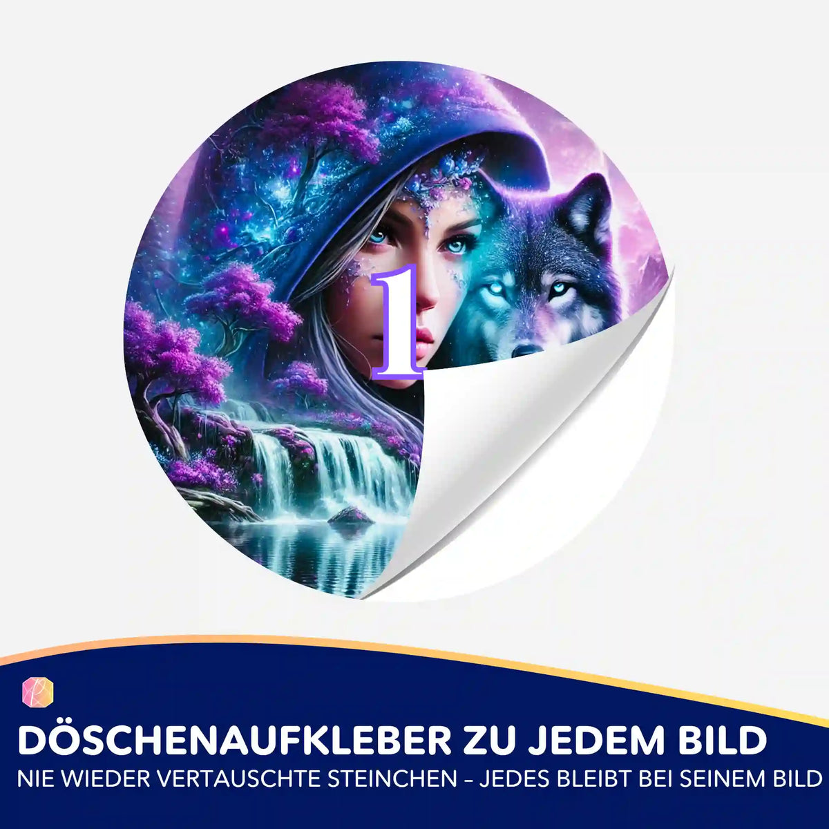 Döschenaufkleber für Diamond Painting mit Eleonora und Wolf Motiv zur organisierten Sortierung von Steinchen
