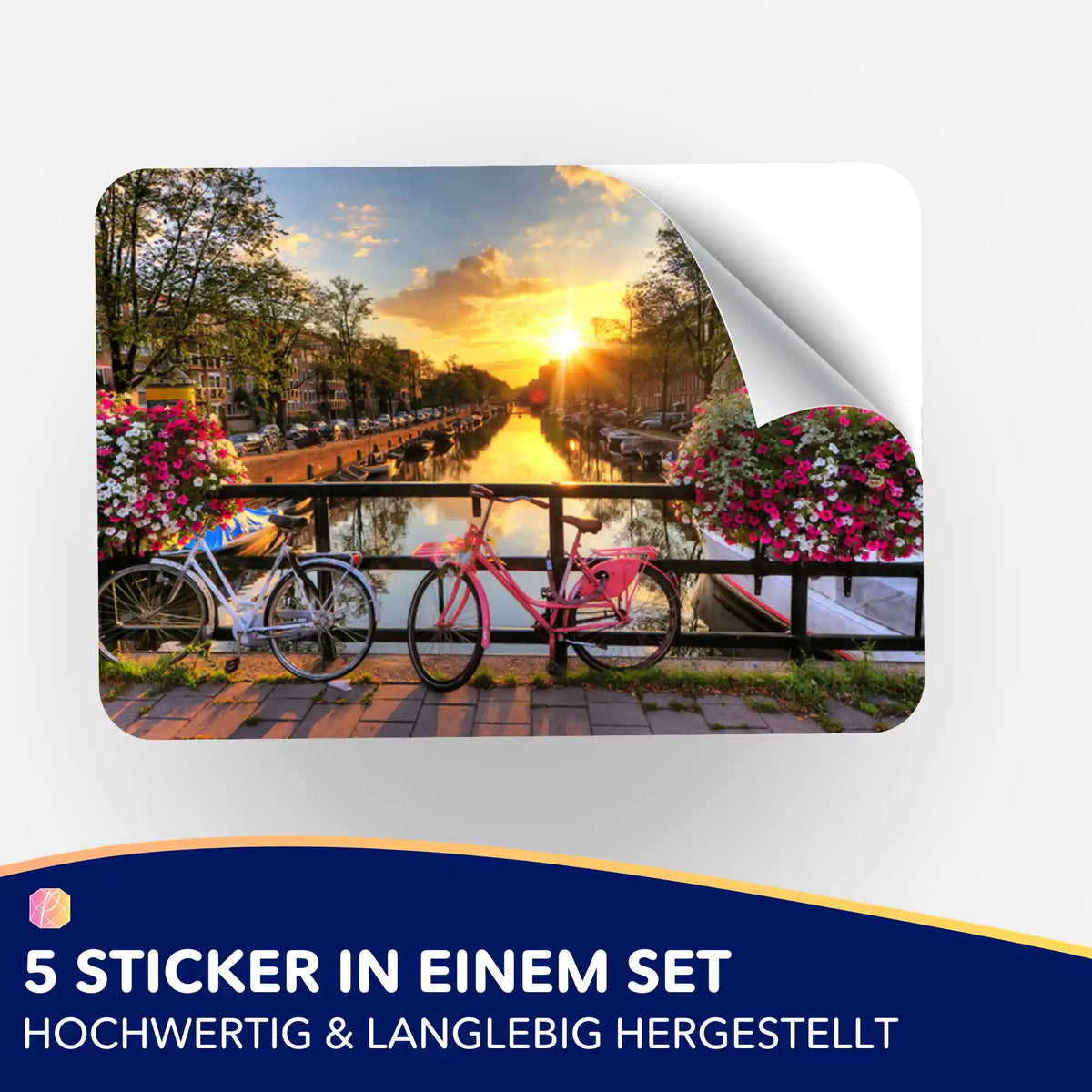 5er-Set Aufkleber Sonnenuntergang in Amsterdam für Diamond Painting Organisation mit Blumen und Fahrrädern an der Gracht
