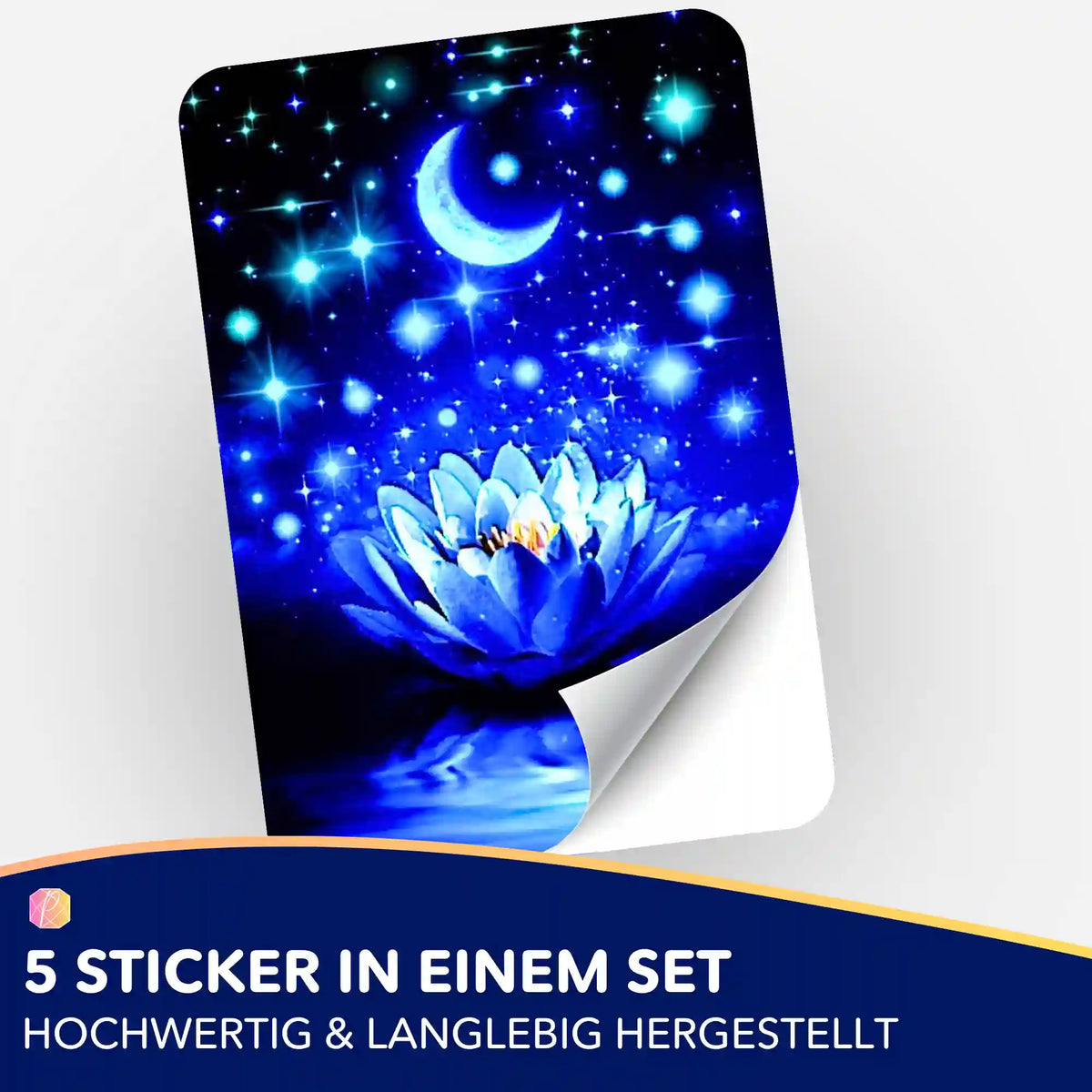 5er-Set Sticker mit Diamond Painting Motiv Blaue Seerose, Mondsichel und leuchtenden Sternen für Zubehör und Organisation