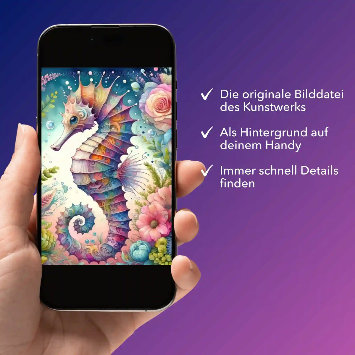 Digitale Bildmappe für Diamond Painting Motiv Seepferdchen Blütentraum auf einem Smartphone angezeigt