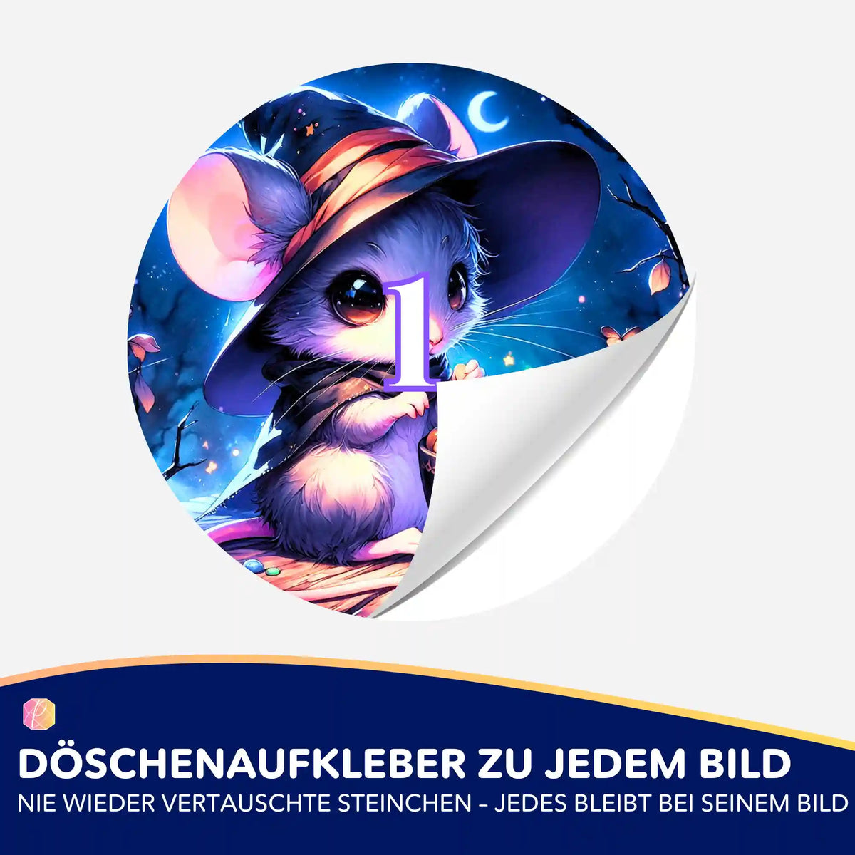 Runder Döschenaufkleber mit niedlicher Mondflausch-Maus für Diamond Painting Zubehör zur Ordnung der Steinchen.