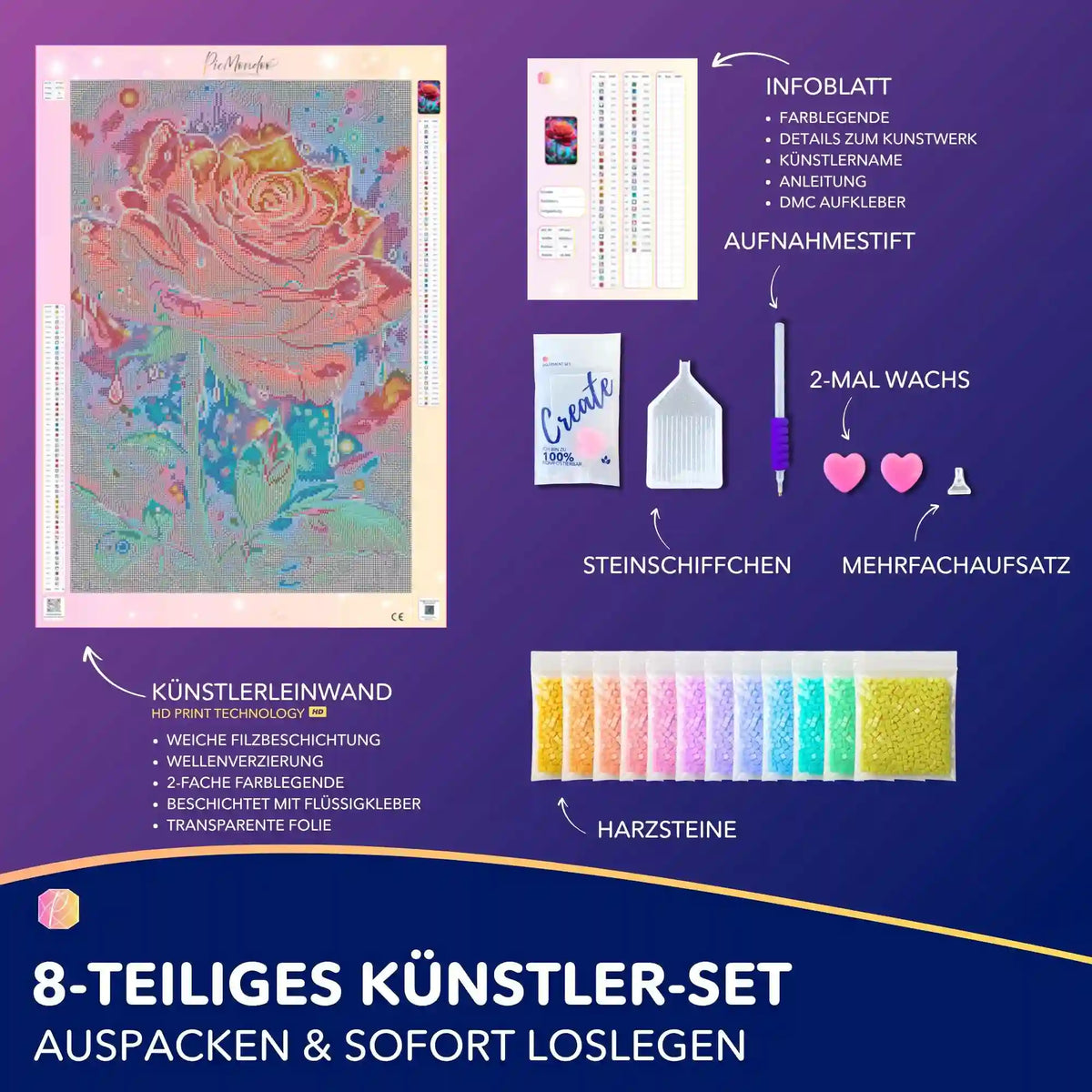 Diamond Painting Set Regentanz mit roter Rose, Leinwand, Harzsteinen und Zubehör für DIY-Kunstwerke.