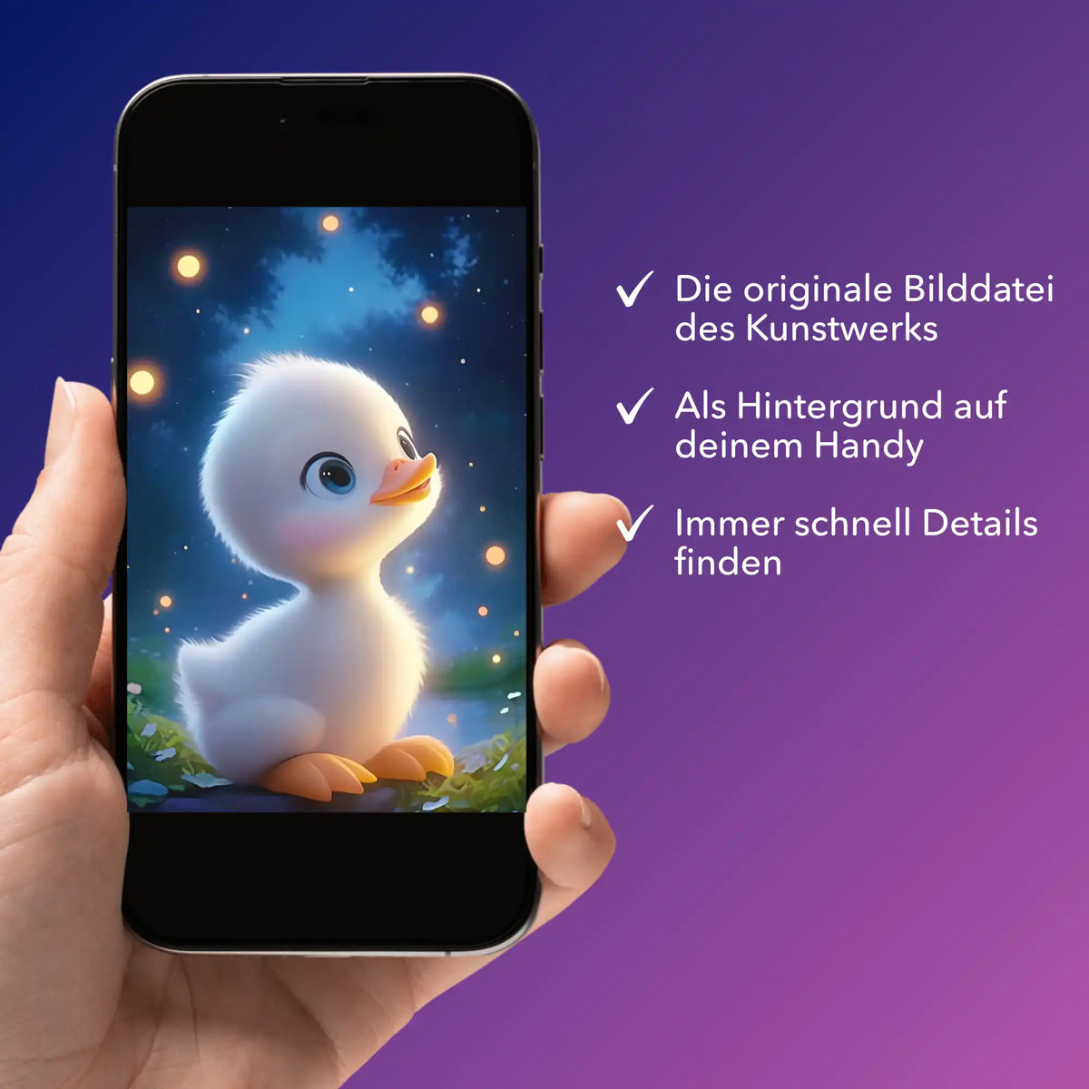 Digitale Bildmappe für Diamond Painting mit süßem Entlein-Motiv auf einem Smartphone als Hintergrundbild