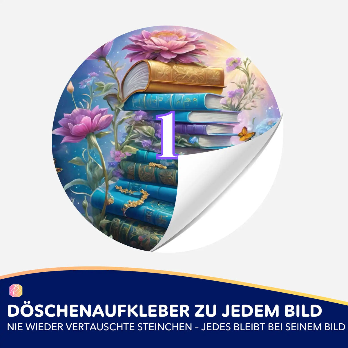Runder Döschenaufkleber mit Buchmotiv für Diamond Painting zur übersichtlichen Organisation von Steinfarben und Zubehör.
