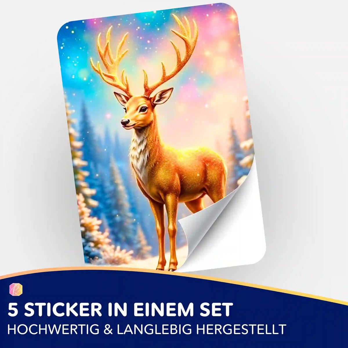 5er-Set Aufkleber Golden Hirsch für Diamond Painting Organisation mit winterlichem Wald-Motiv und buntem Glitzer-Effekt
