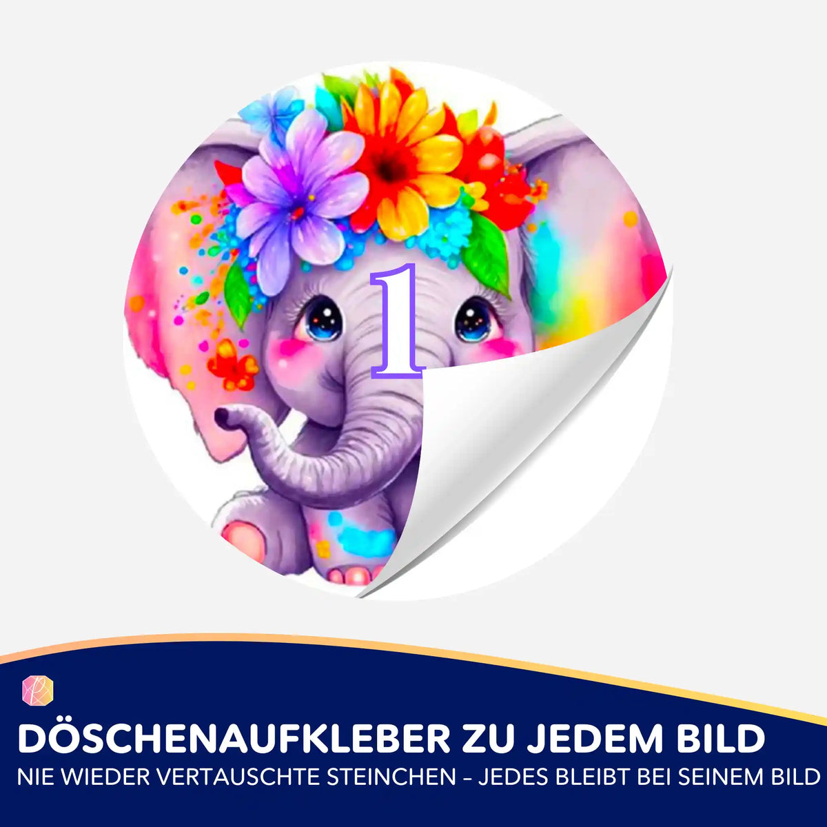 Bunter Döschenaufkleber mit Blumenelefant zur Organisation von Diamond Painting Steinchen