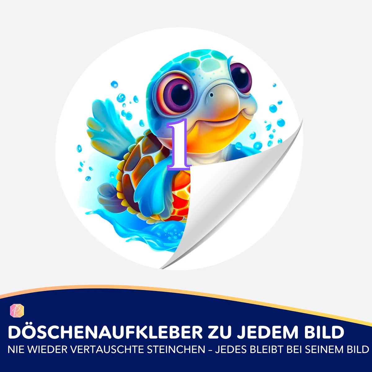 Bunter Döschenaufkleber mit planschender Schildkröte zur Organisation von Diamond Painting Steinchen