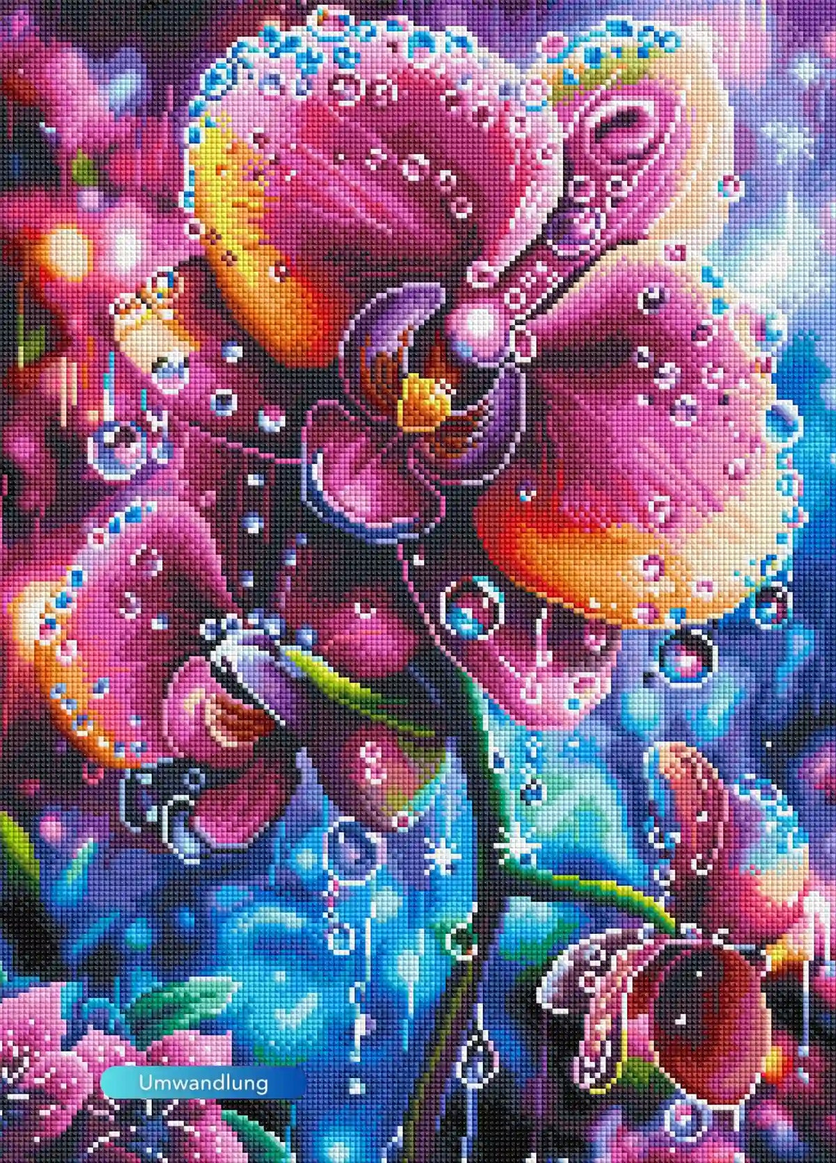 Diamond Painting Set Regenkuss mit Orchideenblüten, Wassertropfen und funkelnden Farben in 40x60cm