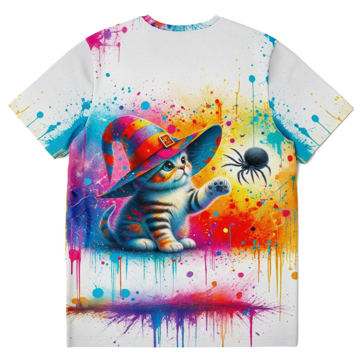 Weißes T-Shirt mit farbenfrohem Motiv einer Zauberkatze im Hexenhut, ideal für Fans von Malen nach Zahlen und Diamond Painting