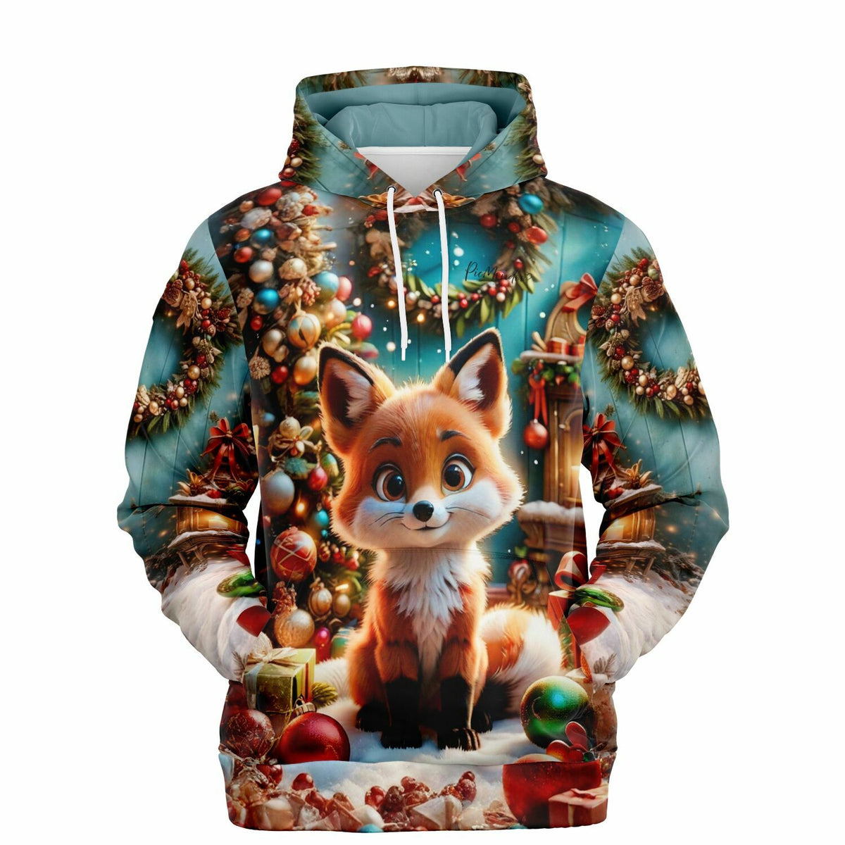 Dreamer Hoodie mit niedlichem Fuchs-Motiv, weihnachtlicher Dekoration und festlichem All-Over-Print Design für DIY-Fans